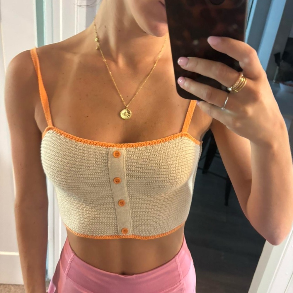 Cream Knit Cropped Tank with Orange Trim - Women's Top